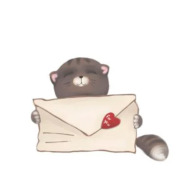 Gray Cat with an envelope in the paws. Valentine card. Kitten is isolated on a Stock Illustration
