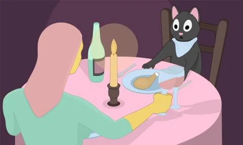 Gray cat is having dinner with a lonely woman. Stock Illustration