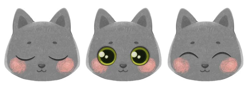Gray Cat Head. Set of cute kitten portrait. Stock Illustration