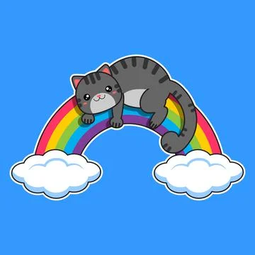The gray cat lies on the rainbow. Vector illustration. Illustrazione stock