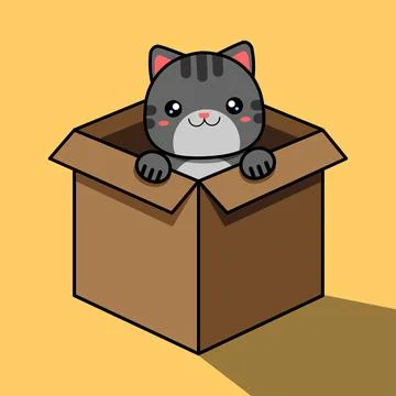 The gray cat looks out of the box. Cartoon cute cat sits in a box. Vector Illustrazione stock