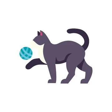 Gray cat playing with a blue ball of yarn Ilustração Stock