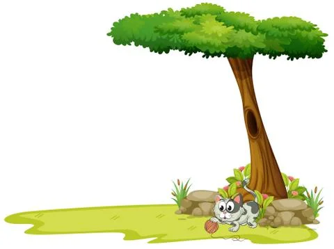 A gray cat playing with a string ball under a tree Stock Illustration