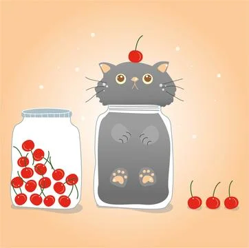 A gray cat sits in a jar of cherries Stock Illustration