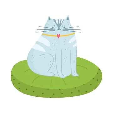 Gray cat sitting on cushion isolated design white background Stock Illustration