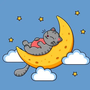 The gray cat sleeps on the moon. Sky stars and clouds. Childrens print. Vector Stock Illustration