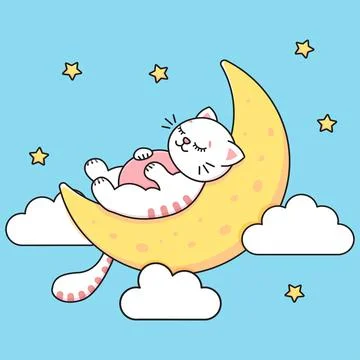 The gray cat sleeps on the moon. Sky stars and clouds. Childrens print. Vector Stock Illustration