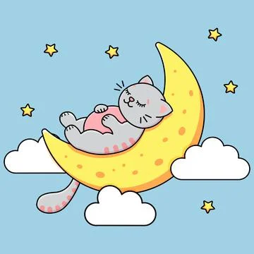 The gray cat sleeps on the moon. Sky stars and clouds. Childrens print. Vector Stock Illustration