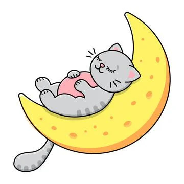 The gray cat sleeps on the moon. Sky stars and clouds. Childrens print. Vector イラスト素材