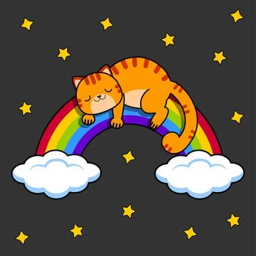 Gray cat sleeps on a rainbow. Night sky and stars.Vector illustration. 스톡 일러스트