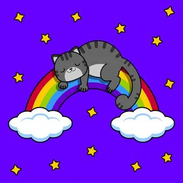 Gray cat sleeps on a rainbow. Night sky and stars.Vector illustration. Stock-Illustration