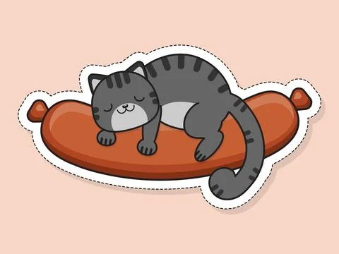 The gray cat sleeps on a sausage. Vector sticker Stock Illustration