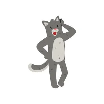 Gray cat standing and talking on the phone, cute animal cartoon character with Stock Illustration