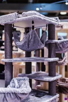 Gray Cat Tree With Suspended Plush Hammock Stock Photos