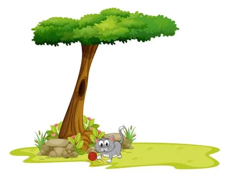 A gray cat under a tree with a hole Stock Illustration