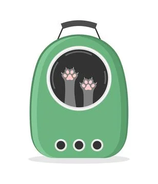 Gray cat's paws in the window of a green carrier bag on a white background Stock Illustration
