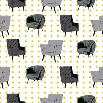 Gray chairs with yellow dots background vector seamless pattern isolated on whit Illustrazione stock