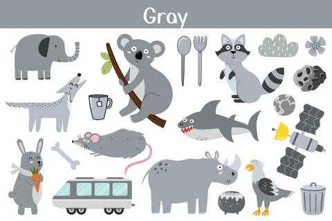 Gray color objects set. Learning colors for kids. Cute elements collection Stock Illustration