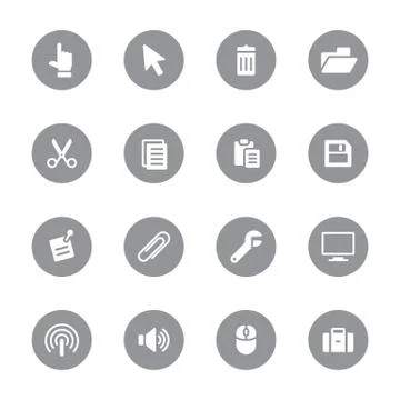 Gray computer and technology flat icon set on circle Stock Illustration