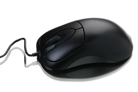 Gray computer mouse with cable and reflection, on white background. Stock Photos
