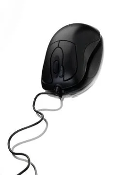 Gray computer mouse with cable and reflection, on white background. Stock Photos