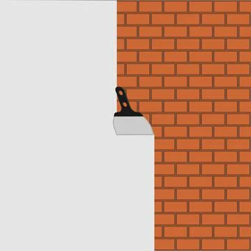 Gray concrete and brick wall with trowel. Illustrazione stock