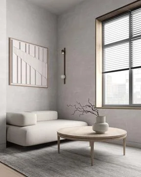 Gray contemporary waiting room interior with wooden sideboard and large coffee Illustrazione stock