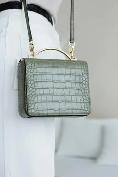 Gray crocodile pattern handbag with gold handle and strap Stock Photos
