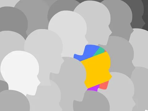 Gray crowd people head with one outstanding colorful, Mental health, illness  Stock Illustration