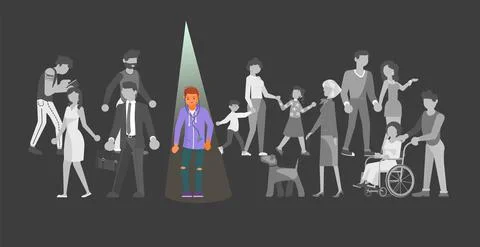 Gray crowds of identical people are going. Illuminat spotlight on one Individ Illustrazione stock