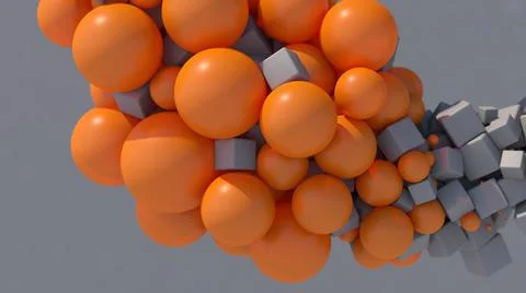 Gray cubes and orange balls. Gray background. 3d render. Stock Illustration