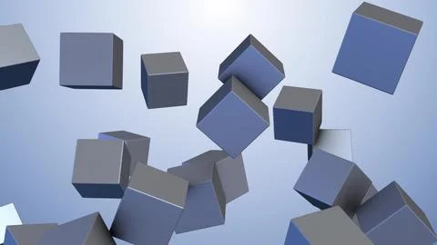 Gray cubes floating and rotating on gradient blue background Stock Photos