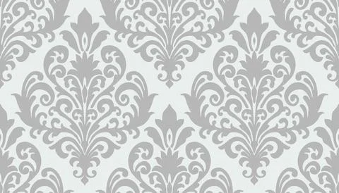 Gray damask floral pattern with detailed ornamental swirls on a light background Stock-Illustration