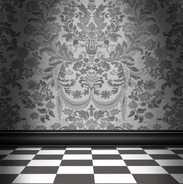 Gray Damask Wallpaper With Gray &amp; White Checkerboard Tile Floor Stock Illustration