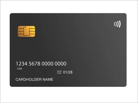 A gray debit card with a chip, card number, and expiration date on white Illustrazione stock