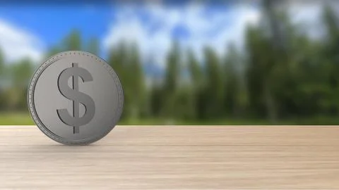 Gray dollar coin Isolated over forest trees blur. 3d render isolated illustra Stock Illustration