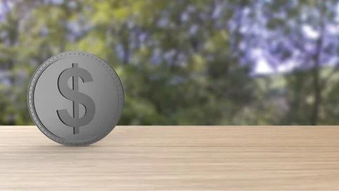 Gray dollar coin Isolated over forest trees blur. 3d render isolated illustra Stock-Illustration