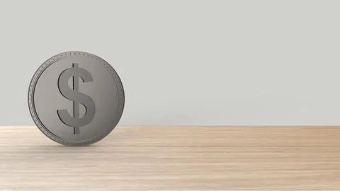Gray dollar coin Isolated on table blur leaves background silver. 3d render i Stock Illustration
