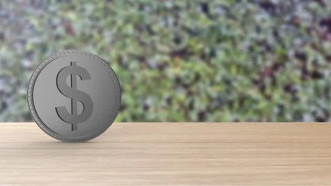 Gray dollar coin Isolated on table blur leaves background silver. 3d render i Illustrazione stock