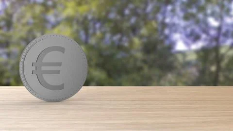 Gray dollar coin silver Isolated on table over forest trees blur.. 3d render  스톡 일러스트
