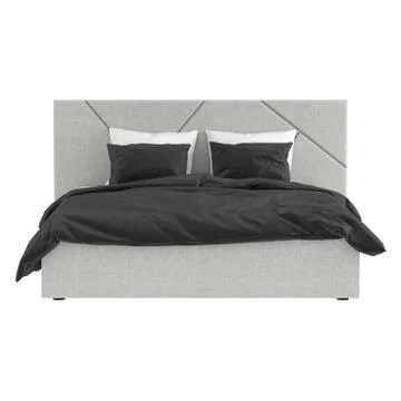 Gray double bed with black and white linen on a white background. Front view. 3d Illustrazione stock