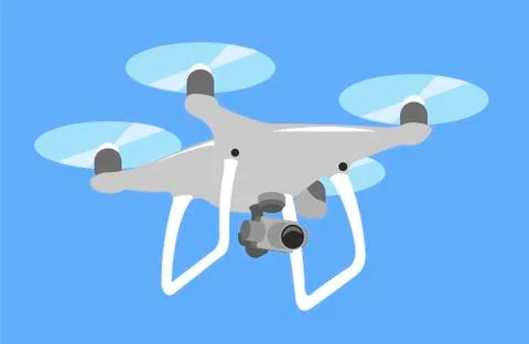 Gray drone quadcopter fly in blue sky. quad isolated icon. Spy photo videography Stock-Illustration