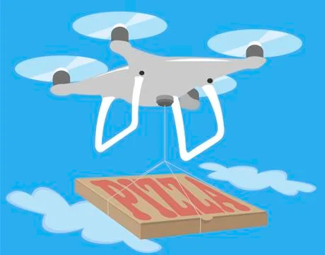 Gray drone quadcopter fly in blue sky. Pizza delivery quad isolated icon. Spy Stock Illustration