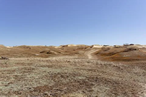 The Gray Dunes, or the Dead Dunes is sandy hills with a bit of green specks at Stock Photos