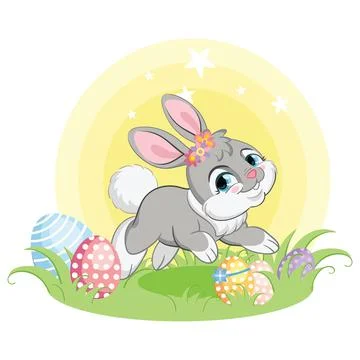 Gray easter bunny character with easter eggs vector Stock Illustration