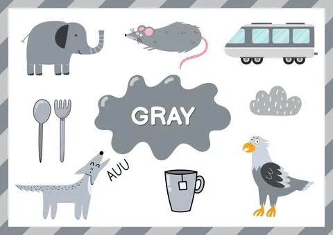 Gray. Educational worksheet for kids. Learning the color gray set Stock Illustration
