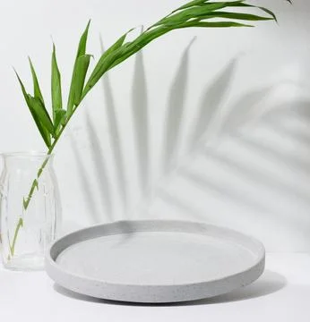 Gray empty decorative plate and glass vase with green palm leaf on white ba.. Stock Photos