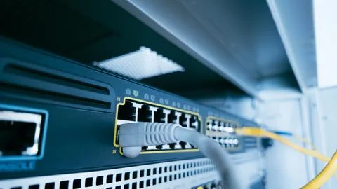 Gray ethernet cable connected to professional switch in server cabinet, sym.. Stock Photos