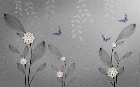 Gray fabric background, abstract gray plants with gold jewelry buds with pearls Stock Illustration