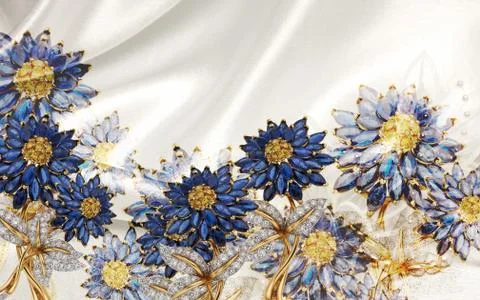 Gray fabric background, large blue abstract flowers on golden stems Stock Illustration